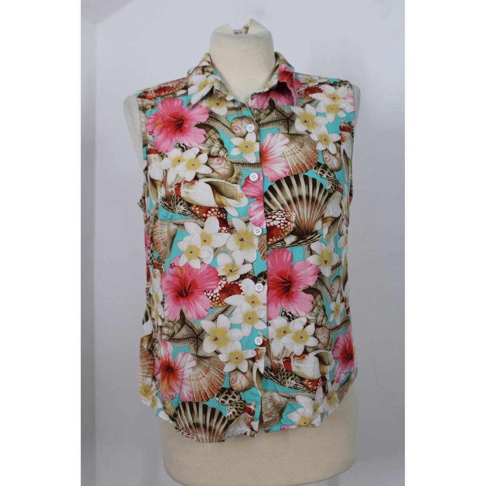 Vtg Puanani S? Hawaiian Floral Sleeveless Button Up Tank Top Beach Resortcore